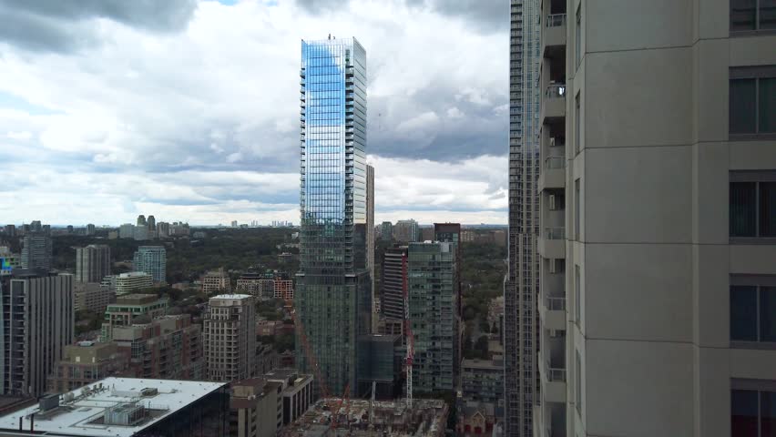 Panoramic view from a high floor of a skyscraper of downtown Toronto, skyscrapers on a summer evening. Toronto, Ontario, Canada.
