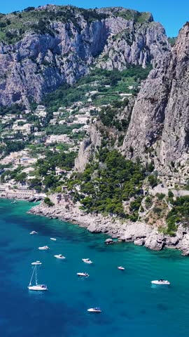 Island Of Capri At Naples In Campania Italy. Coastal City. Waterfront Landscape. Island Of Capri At Naples In Campania Italy. Beach Scenery. Medieval Buildings. Capri Skyline.