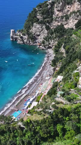 Amalfi Coast At Positano In Salerno Italy. Beach Landscape. Giant Cliffs Scene. Amalfi Coast At Positano In Salerno Italy. Medieval City Skyline. Gulf Of Salerno Mediterranean Sea. Beach Skyline.
