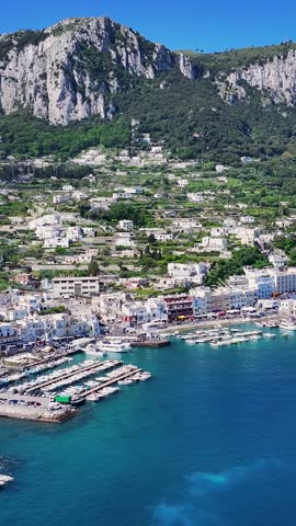 Capri Island At Naples In Campania Italy. Beach Landscape. Tourism Landmark. Capri Island At Naples In Campania Italy. Gulf Of Naples Skyline. Coastal Cityscape. Mediterranean Sea.