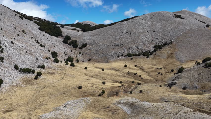 A drone view of Mount Carbonara in the Madonie Mountains of Sicily, Italy. It shows rugged limestone ridges, alpine meadows, and the Tyrrhenian Sea. The town of Piano Battaglia, Sicily