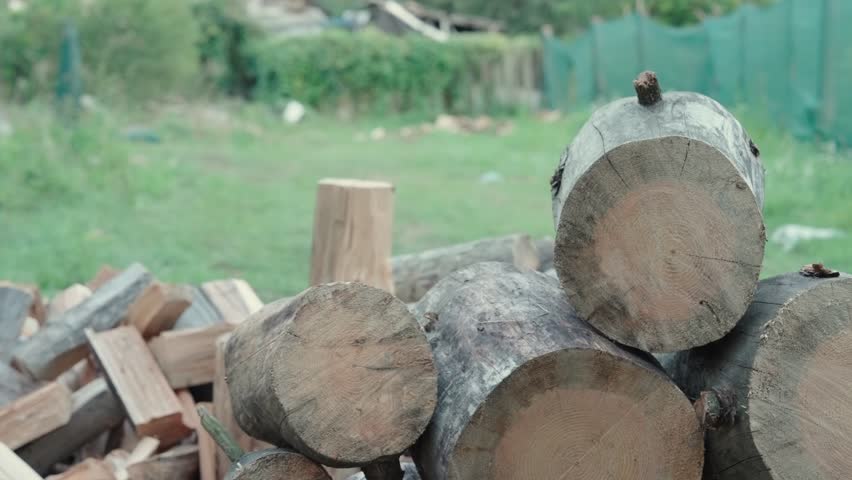 Cut Tree Logs and Chopped Firewood in Rural Backyard | Wood Preparation for Winter Heating | Forestry Work with House in Background