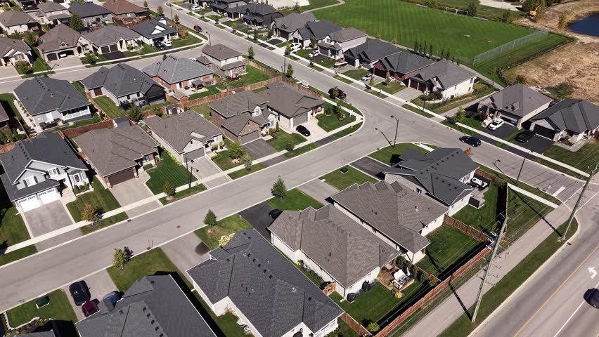 Aerial View of Paris, Ontario in the Fall – Grand River, Downtown, Bridges, and Rest Acres Housing Development