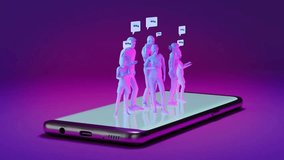 A group of stylized digital people with speech bubbles above their heads are standing on a smartphone screen, symbolizing online communication, social networking, and virtual interaction in a glowing. - Powered by Shutterstock - Get 15% off with code: PIKWIZARD15