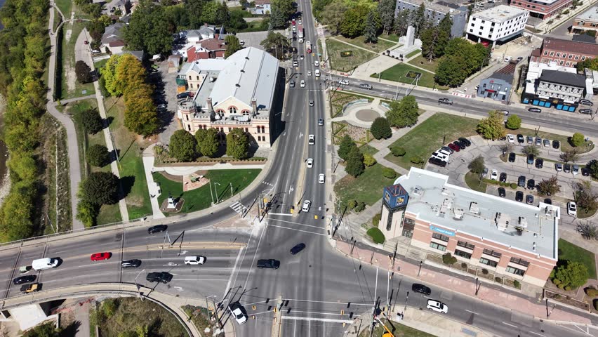 Aerial View of Brantford Ontario – Grand River, Downtown, Bridges, and Brant Conservation Area