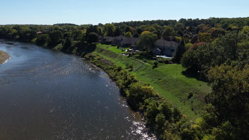 Aerial View of Brantford Ontario – Grand River, Downtown, Bridges, and Brant Conservation Area