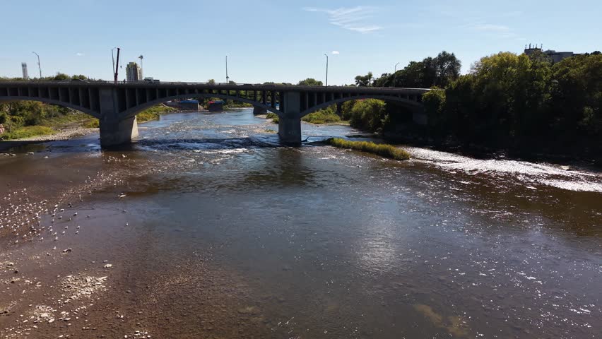 Aerial View of Brantford Ontario – Grand River, Downtown, Bridges, and Brant Conservation Area