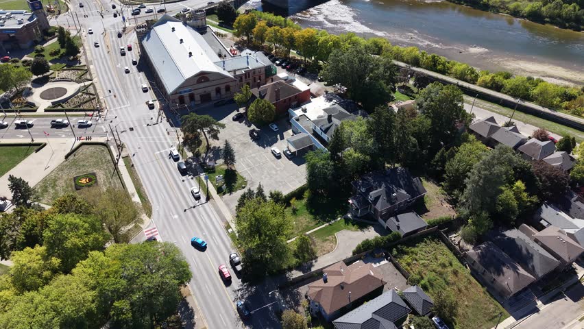 Aerial View of Brantford Ontario – Grand River, Downtown, Bridges, and Brant Conservation Area