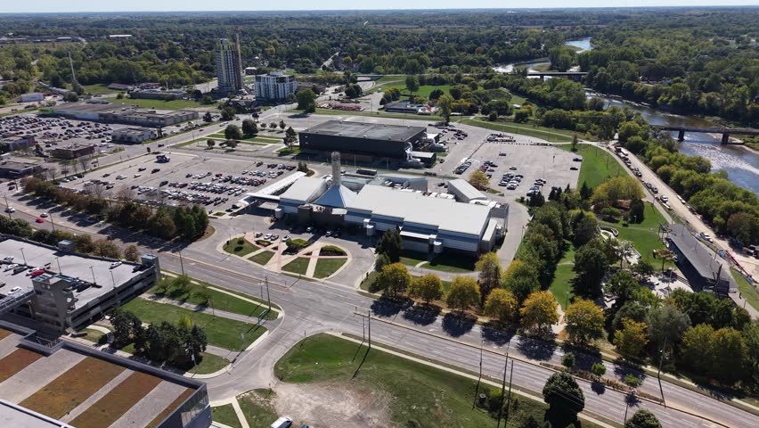 Aerial View of Brantford Ontario – Grand River, Downtown, Bridges, and Brant Conservation Area