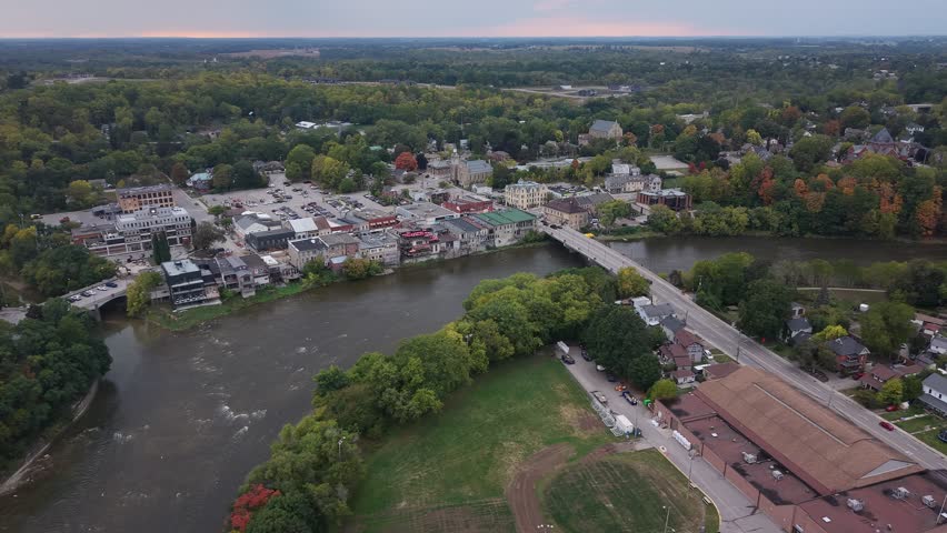 Aerial View of Paris, Ontario in the Fall – Grand River, Downtown, Bridges, and Rest Acres Housing Development
