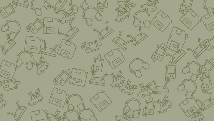 Seamless technology pattern with retro tech icons like floppy disks, headphones, and routers. Perfect for digital backgrounds, techrelated designs.