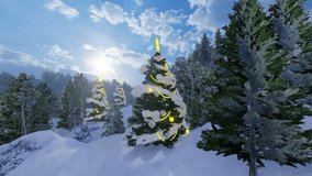 Christmas landscape with snowy pine trees, snow, christmas tree and snowflakes. Merry Christmas and Happy New Year background animation. - Powered by Shutterstock - Get 15% off with code: PIKWIZARD15