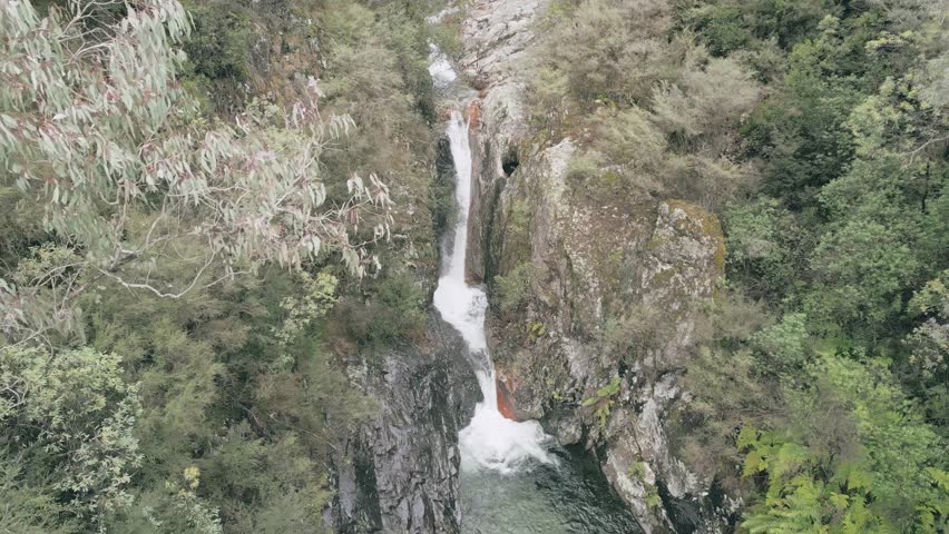 Aerial panning footage showing Lower Rollasons Falls in Mount Buffalo National Park.