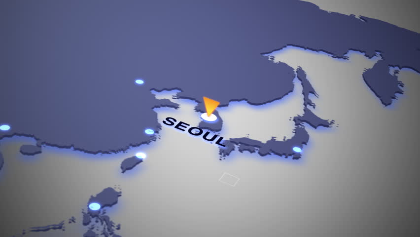 Futuristic world map with glowing connection lines radiating from Seoul, South Korea, representing global business, logistics, communication, and digital data transfer