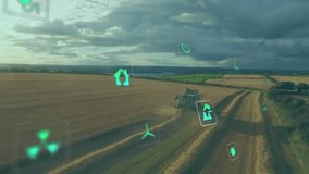 Animation of eco icons and data processing over countryside farm land. Global agriculutre, farming, connections, computing and data processing concept digitally generated video - Powered by Shutterstock - Get 15% off with code: PIKWIZARD15