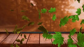 Animation of autumn leaves falling over trees and wooden surface. Autumn, fall and nature concept digitally generated video. - Powered by Shutterstock - Get 15% off with code: PIKWIZARD15