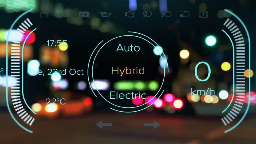 Animation of electric car dashboard and data processing over city lights. Global environment, finance, business, connections, computing and data processing concept digitally generated video. - Powered by Shutterstock - Get 15% off with code: PIKWIZARD15