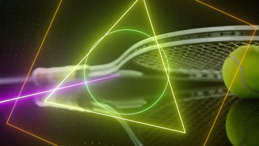 Animation of colourful circle, triangle and square scanning tennis ball and racket on black. Sport, competition, digital interface, processing and connection, digitally generated video. - Powered by Shutterstock - Get 15% off with code: PIKWIZARD15