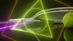 Animation of colourful circle, triangle and square scanning tennis ball and racket on black. Sport, competition, digital interface, processing and connection, digitally generated video. - Powered by Shutterstock - Get 15% off with code: PIKWIZARD15