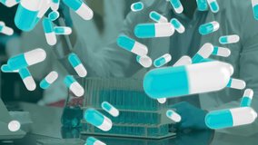 Animation of pills over diverse scientists in laboratory. Global science, connections, computing and data processing concept digitally generated video. - Powered by Shutterstock - Get 15% off with code: PIKWIZARD15