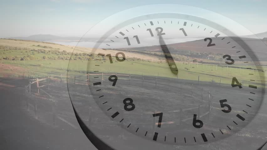 Animation of moving clock over landscape. Global business, time and digital interface concept digitally generated video. - Powered by Shutterstock - Get 15% off with code: PIKWIZARD15