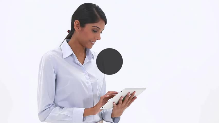 Animation of communication and location network over smiling woman using tablet. Connection, data, business, network and communication, digitally generated video. - Powered by Shutterstock - Get 15% off with code: PIKWIZARD15