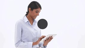 Animation of communication and location network over smiling woman using tablet. Connection, data, business, network and communication, digitally generated video. - Powered by Shutterstock - Get 15% off with code: PIKWIZARD15