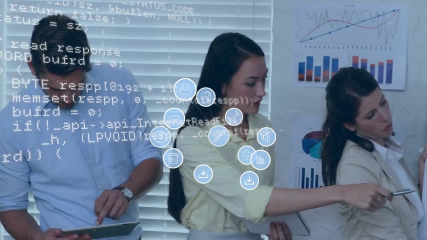 Animation of data processing and icons over diverse business people discussing work in office. Technology and digital interface concept digitally generated video. - Powered by Shutterstock - Get 15% off with code: PIKWIZARD15