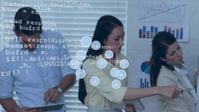 Animation of data processing and icons over diverse business people discussing work in office. Technology and digital interface concept digitally generated video. - Powered by Shutterstock - Get 15% off with code: PIKWIZARD15