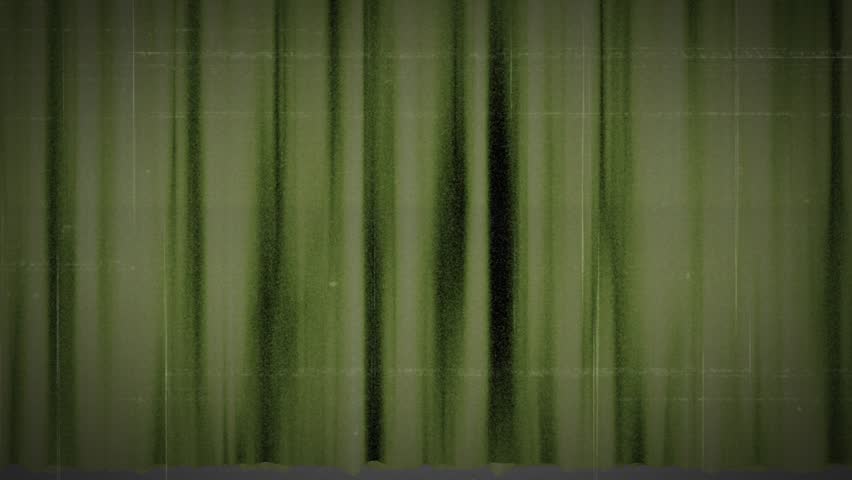 Parting green stage curtains revealing dark grey backdrop, stylized white text fading as finale. Theatre, dramatic, cinematic, minimalist, suspense, monochrome, performance