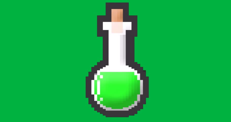 Pixel-art style flask glowing with vivid green potion on transparent backdrop, showing tech concept. Antique, scientific, retro, digital, illustration, icon, experimental
