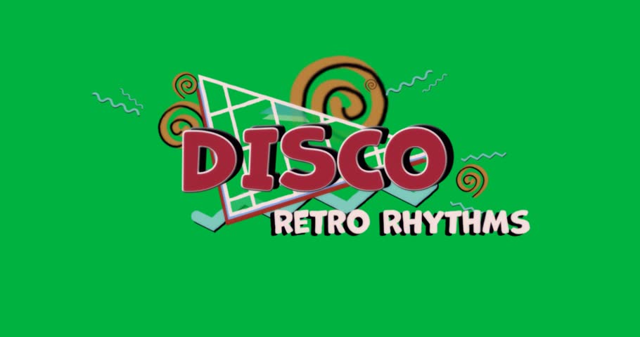 Presenting retro DISCO and RETRO RHYTHMS music promo on transparent background with teal zigzags. Vibrant, dynamic, vintage, geometric, energetic, bold, nostalgic