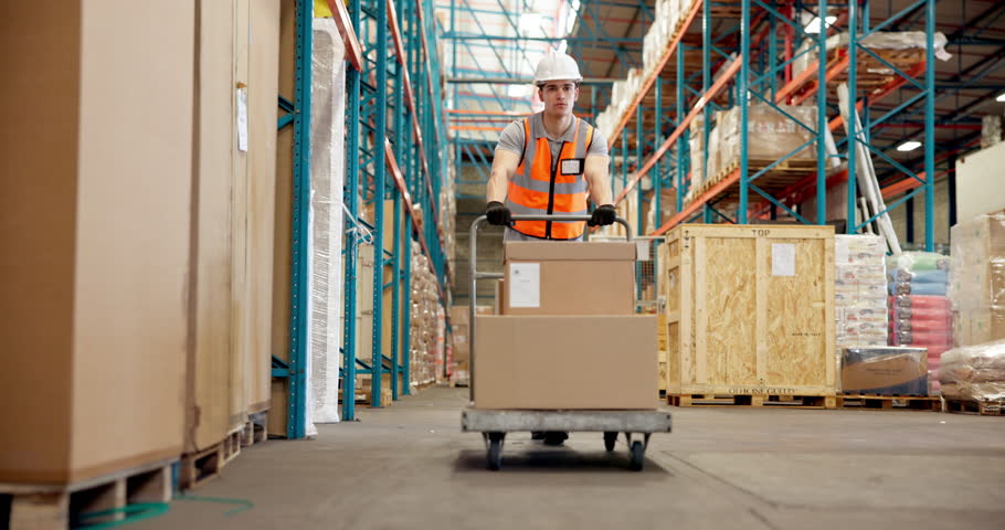 Logistics, boxes and man with trolley in warehouse to transport stock, cargo shipping or delivery. Supply chain, worker or wholesale on cart for moving package, storage management or inventory export