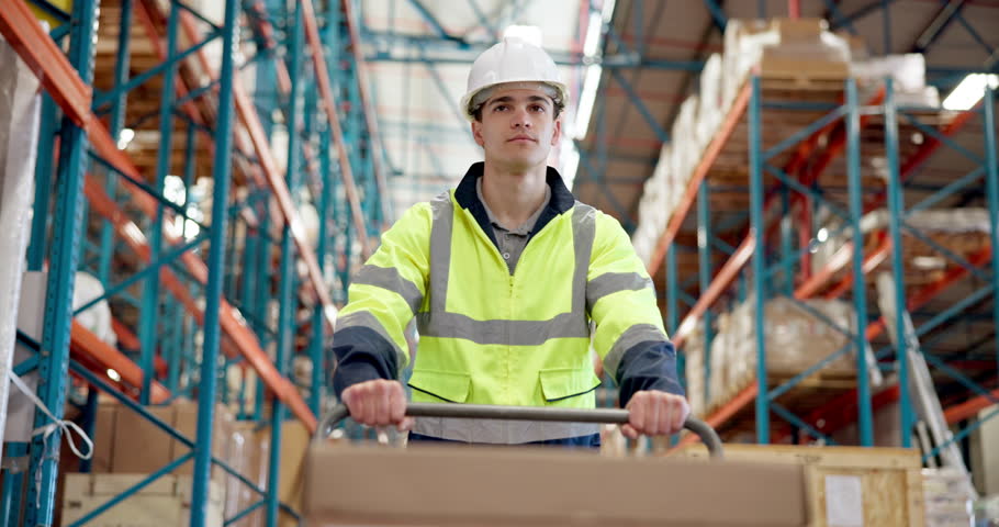 Logistics, man or walking with cart in warehouse to transport boxes, backlog control or delivery. Below, shipping picker or trolley in factory for inventory export, storage management or supply chain