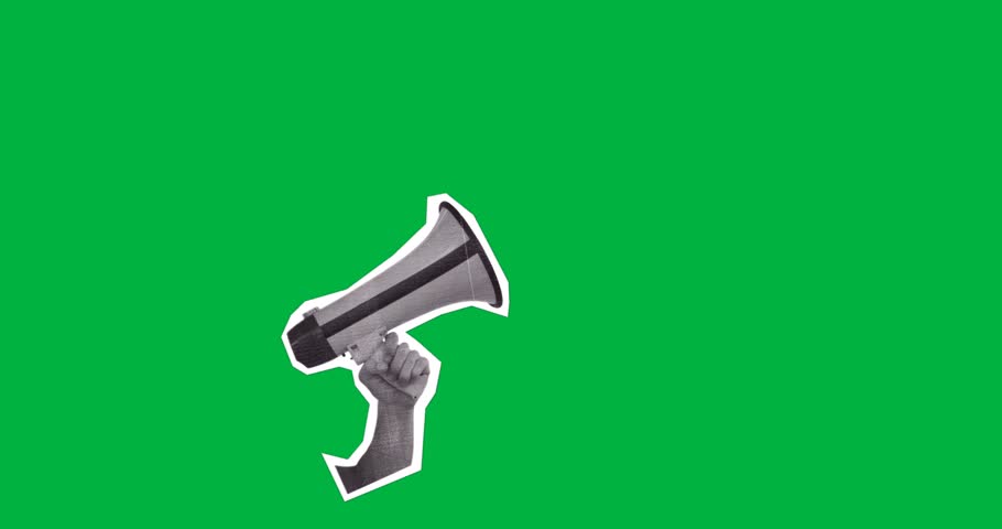 Human hand showing marketing concept on transparent background, featuring megaphone with sound bars. Silhouette, communication, announcement, amplification, graphic, monochrome, visual