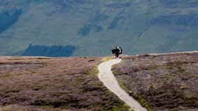 Two hikers walk on winding path through heather fields, distant hills, natural daylight, wide shot - Powered by Shutterstock - Get 15% off with code: PIKWIZARD15