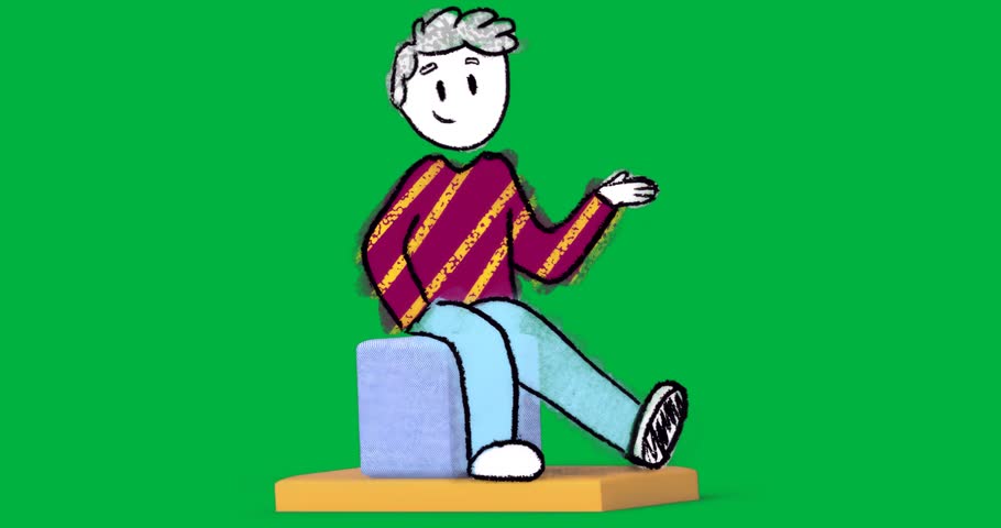 Cartoon figure sitting on cube and block with transparent background, showing graphic design layout. Minimalist, playful, whimsical, modern, illustrative, casual, creative