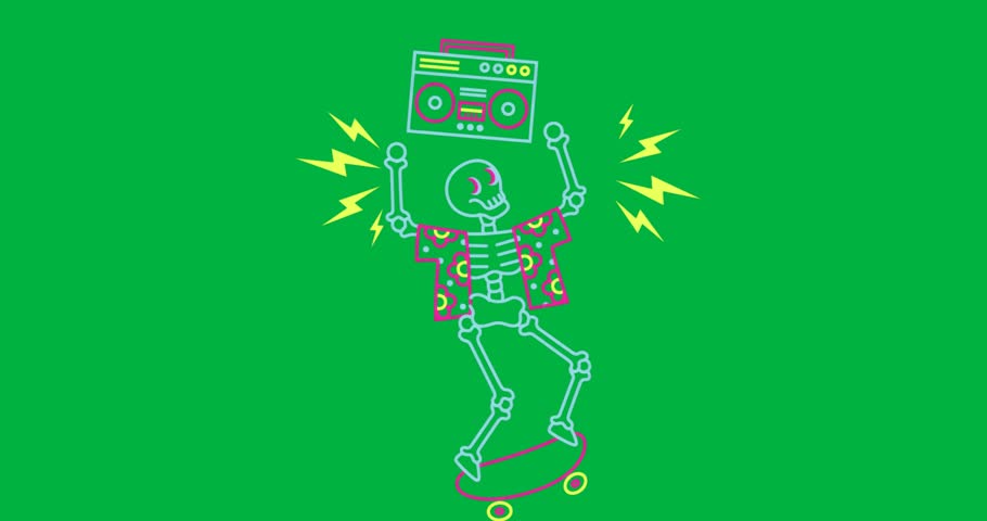 Neon skeleton skateboarding holding boombox emitting lightning bolts on clear background for tech. Cyberpunk, vibrant, futuristic, streetwear, nightlife, dynamic, energetic