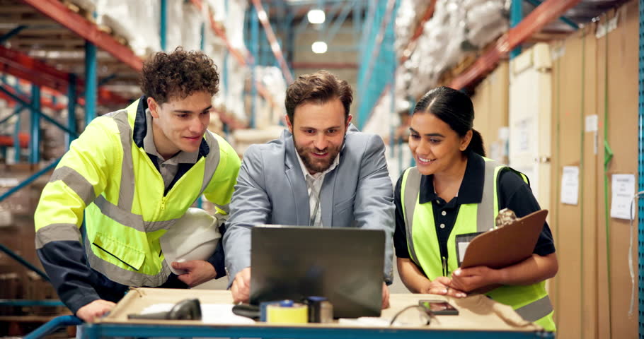Face, laptop and shipping with people in warehouse for inventory manager, support or logistics. Delivery schedule, teamwork and supply chain with employees in factory for online confirmation