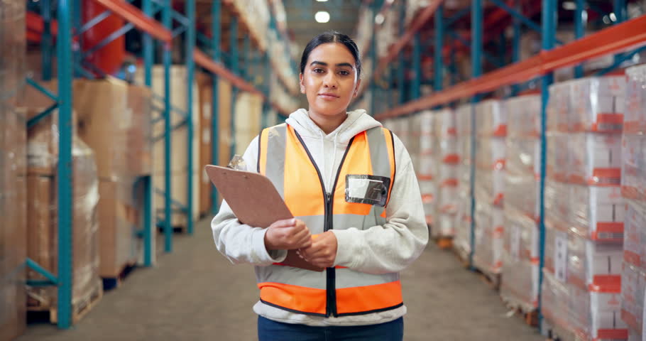 Clipboard, woman and face of logistics worker in warehouse for inventory, stock inspection or order. Happy, research and portrait of female supply chain manager with confidence for distribution.