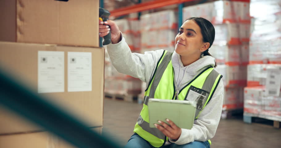 Woman, tablet and barcode scanner at warehouse for logistics, stock and label with inventory management. Person, tech and checklist with boxes, application and storage by shelf at distribution plant