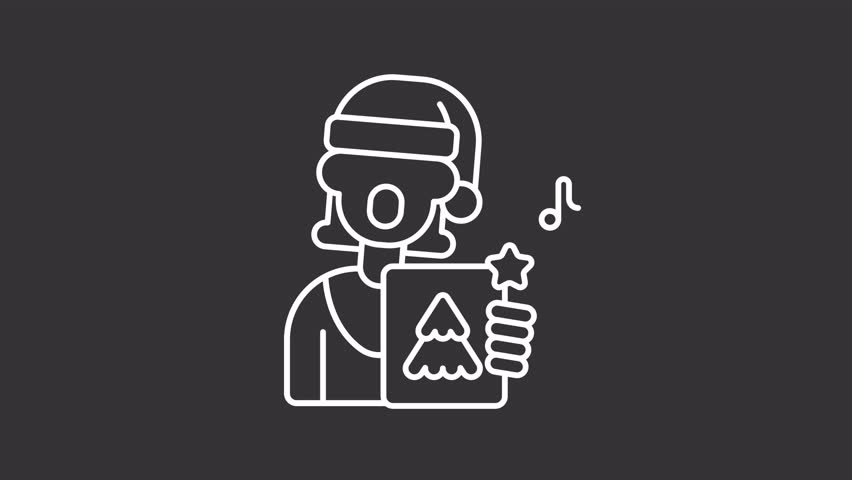 Animated woman singing carols white line icon. Female singer performing Christmas noels animation. Winter holiday tradition. Xmas fun. Isolated element on dark background. Alpha transparent video
