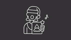 Animated woman singing carols white line icon. Female singer performing Christmas noels animation. Winter holiday tradition. Xmas fun. Isolated element on dark background. Alpha transparent video - Powered by Shutterstock - Get 15% off with code: PIKWIZARD15