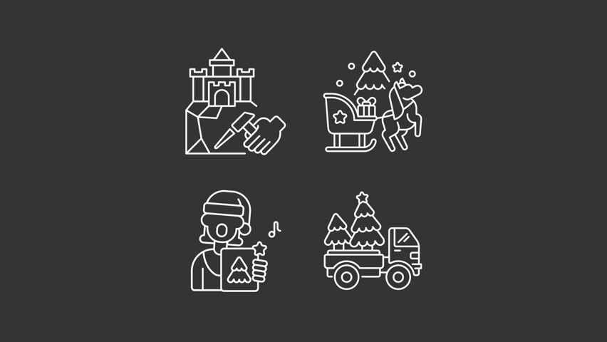 Animated Christmas celebration white line icons. Winter holidays fun animation set. Enjoying festive season. Xmas activities. Isolated elements on dark background. Alpha channel HD video