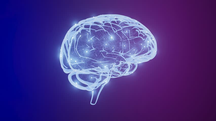 Transparent human brain floating on blue background with glowing data particles..