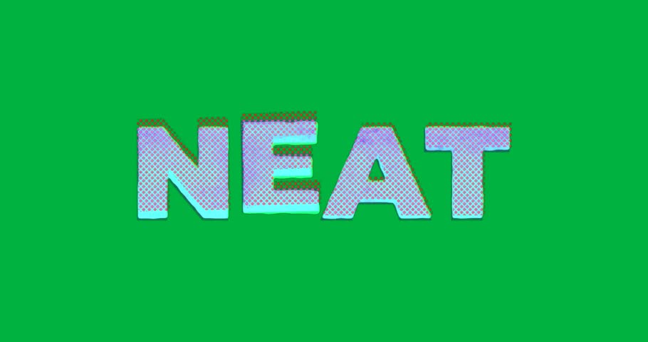 Designers using transparent background in tech, showing NEAT text with halftone dots, neon glow. Typography, digital art, glitch effect, neon, gradient, abstract, graphic design