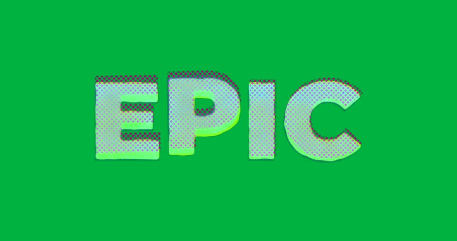 Stylized EPIC text showing neon green fill, pink halftone dots on transparent canvas for marketing. Vector art, digital design, retro style, vibrant colors, neon glow, pop art, advertisement