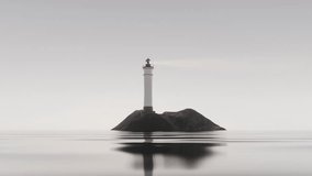 White and red lighthouse standing on small island in fog, maritime navigation concept.. - Powered by Shutterstock - Get 15% off with code: PIKWIZARD15