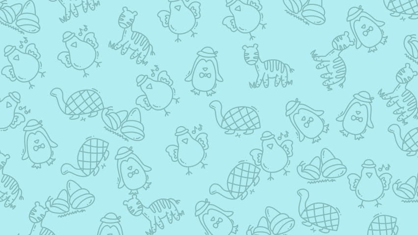 Illustration of various cartoon animals, including birds, turtles, and other creatures, on a light blue background.