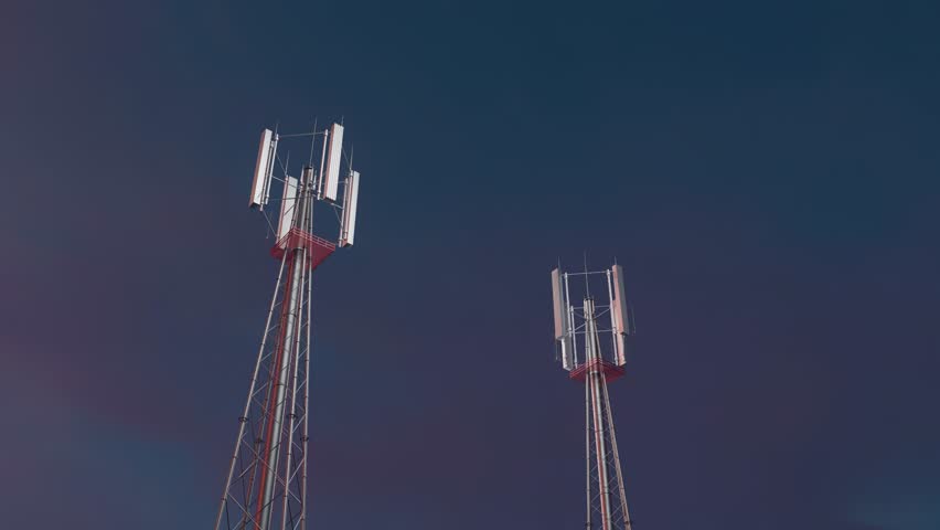 two 5G communication tower sending data signals, digital network infrastructure.. - Powered by Shutterstock - Get 15% off with code: PIKWIZARD15